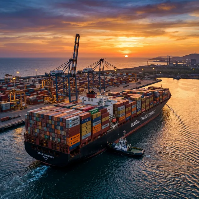 Indian export port at sunset — CBAM-protected shipments to the EU