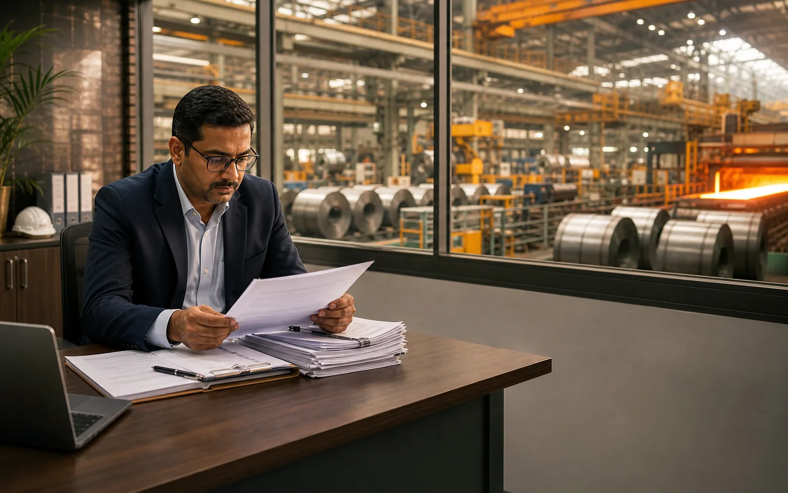 Indian export manager reviewing CBAM paperwork inside a steel manufacturing office
