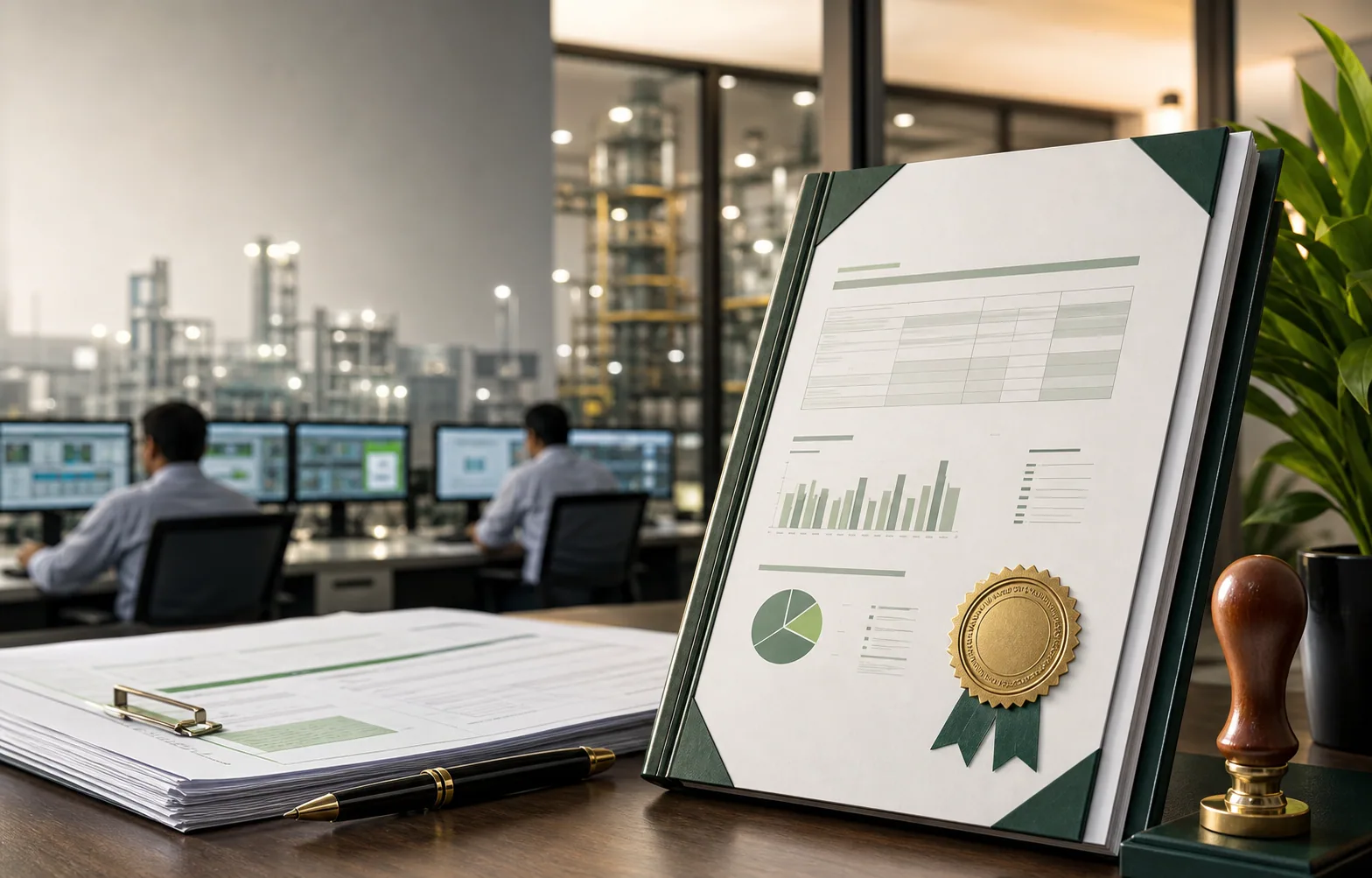 Verified CBAM report prepared for an Indian exporter with a factory control room in the background