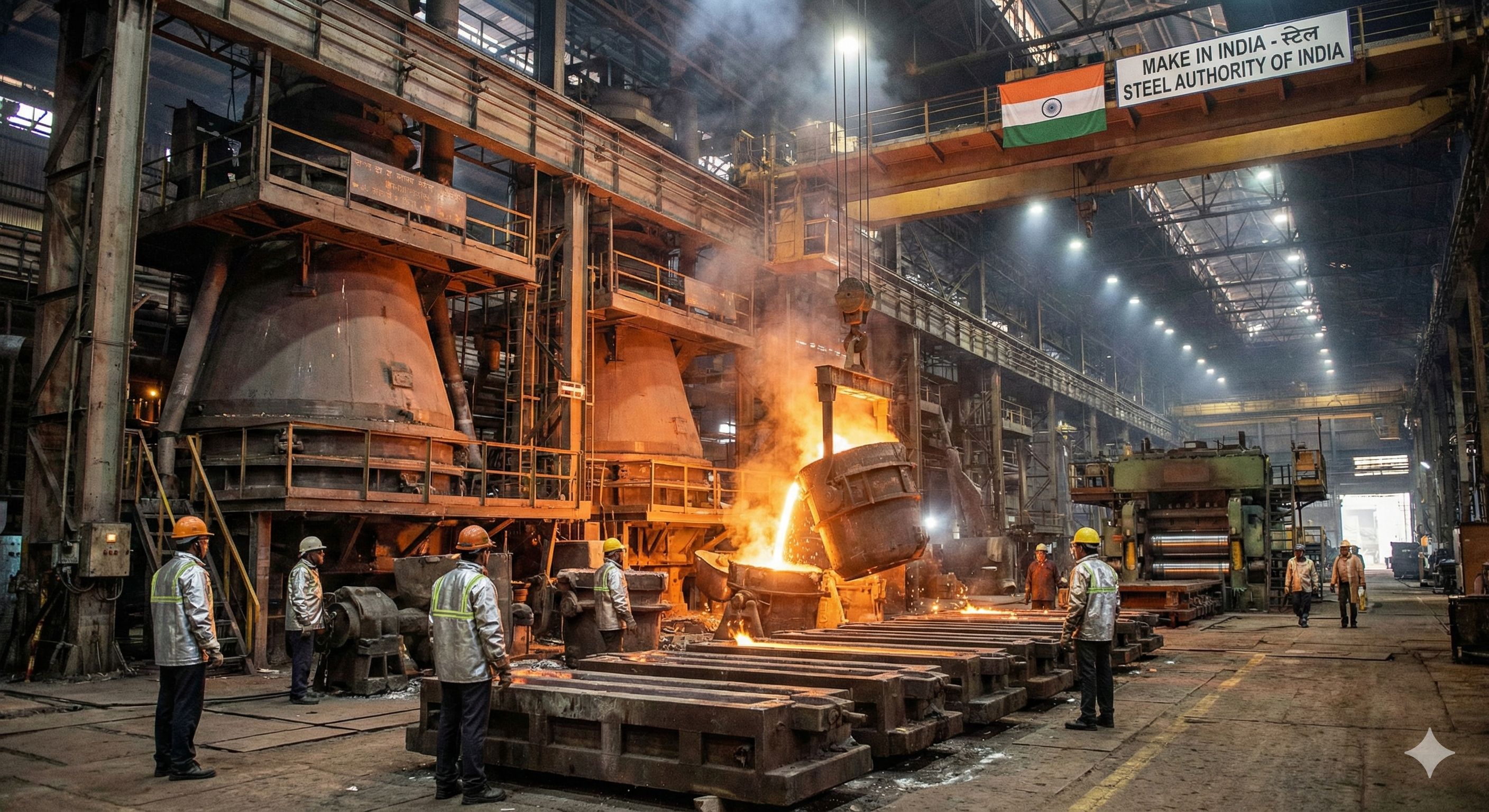 Indian factory workers in a modern steel plant